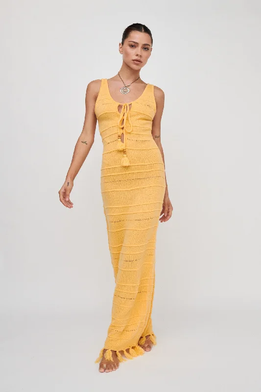 ladies-maxi-dress-flirty-look-Sunlight Bust Tie Knit Maxi Dress Lemon