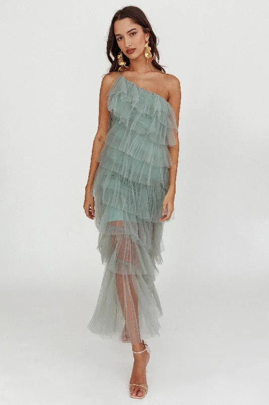 ladies-maxi-dress-classic-design-Arrabel Tiered Ruffle Tulle Maxi Dress Sage