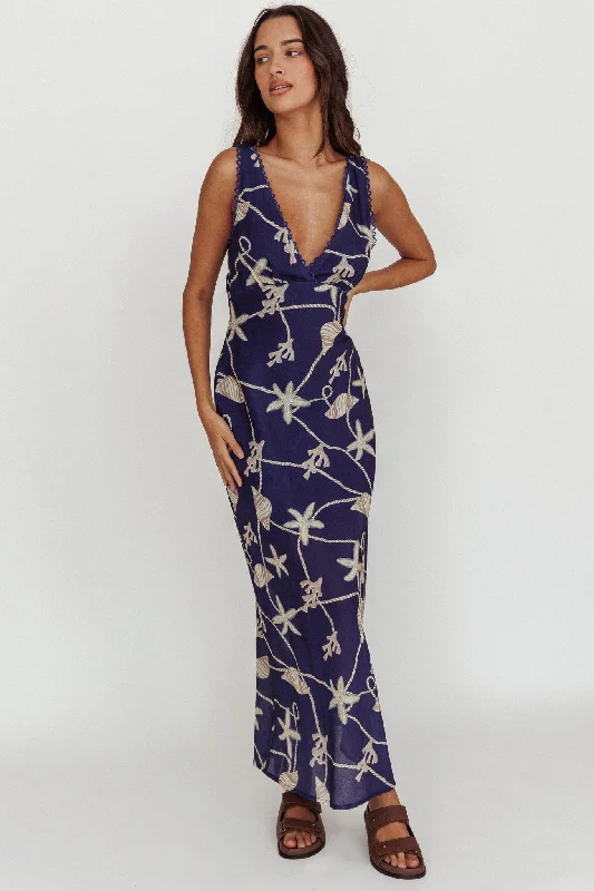 ladies-maxi-dress-structured-fit-Miss Divine V-Neck Ocean Maxi Dress Blue