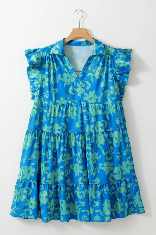 ladies-mini-dress-spring-fashion-Plus Size Ruffled Printed Cap Sleeve Mini Dress