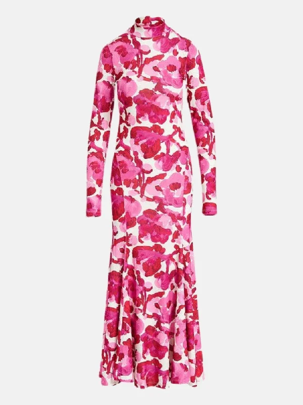 ladies-floral-dress-street-style-Flustered Floral Print Jersey Mock Neck Maxi Dress