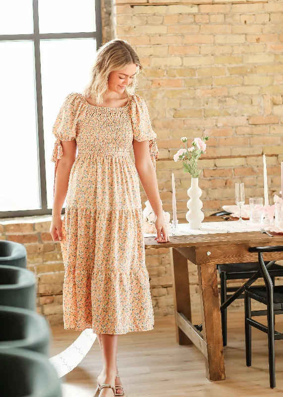 ladies-floral-dress-fuchsia-flowers-Smocked Puff Sleeve Floral Maxi Dress