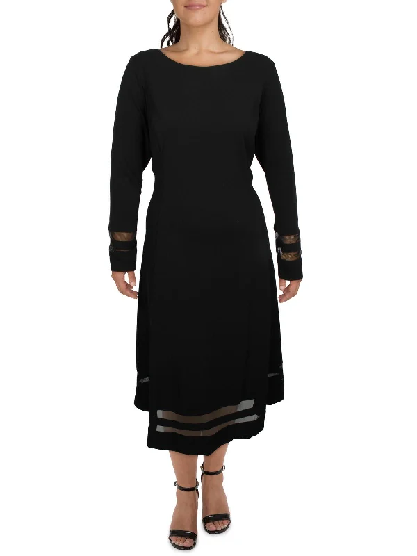 ladies-midi-dress-designer-brand-Plus Womens Crepe Illusion Midi Dress