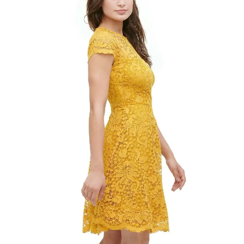 ladies-trumpet-dress-backless-Kensie Women's Floral-Lace Fit & Flare Dress Yellow Size 6"