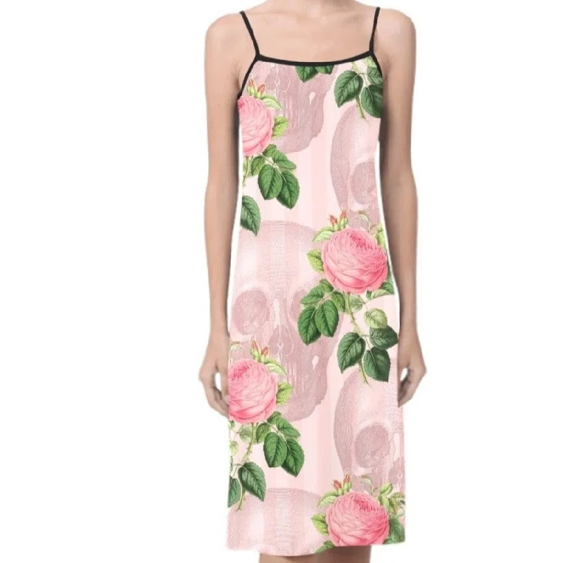 ladies-floral-dress-sustainable-fashion-Pink Floral Skull Spaghetti Strap Slip Dress