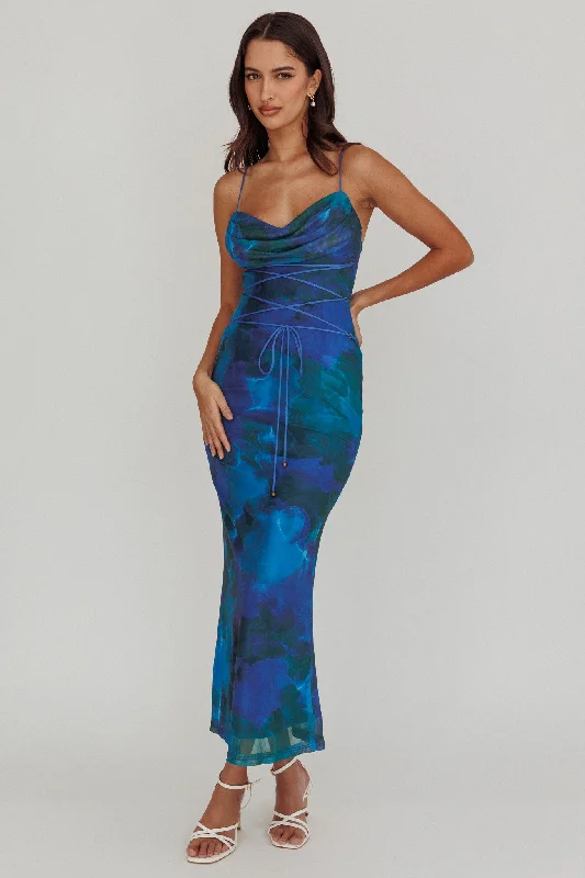 ladies-maxi-dress-curvy-style-Teava Laced Waist Maxi Dress Print Blue