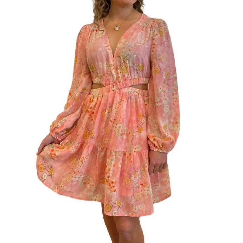 ladies-floral-dress-pink-flowers-Entro - Floral Cutout Dress