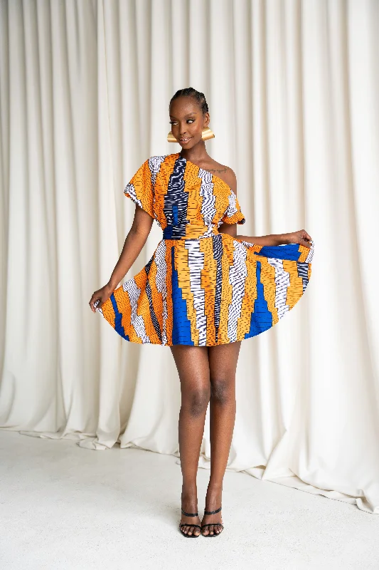 ladies-mini-dress-beach-coverup-SOMIE African Print One-shoulder Mini Dress