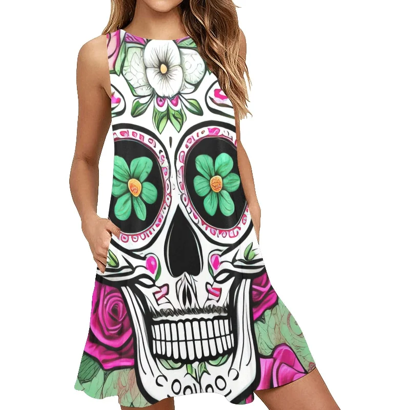 ladies-floral-dress-loose-silhouette-Skull Pink Floral Loose Women's Sleeveless A-Line Pocket Dress