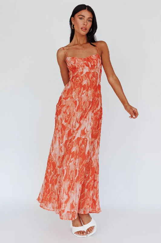 ladies-maxi-dress-cold-shoulder-Nerida Twist Back Maxi Dress Swirl Orange