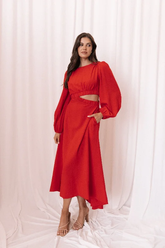 ladies-midi-dress-subtle-charm-Ginnee Puff Sleeve Cutout Midi Dress - Red