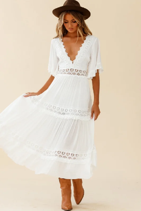 ladies-maxi-dress-cowl-neck-Indio Crochet Insert Deep V-Neckline Angel Sleeve Maxi Dress White