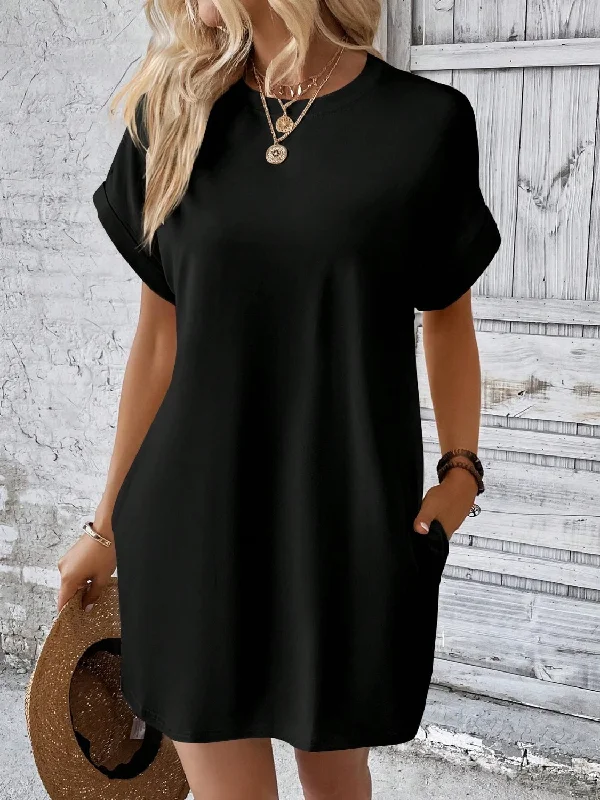 ladies-mini-dress-shift-dress-Round Neck Short Sleeve Mini Dress