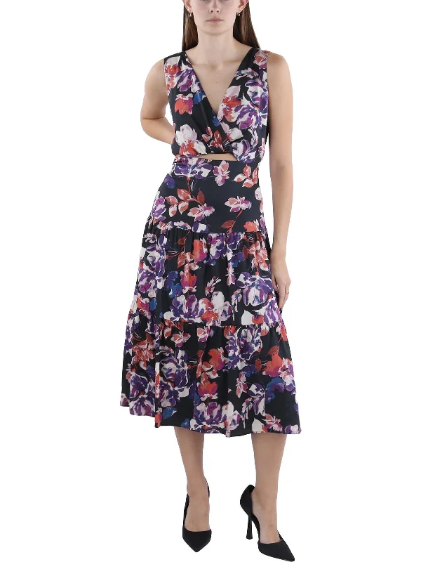 ladies-trumpet-dress-tulle-overlay-Womens Twist-Front Floral Fit & Flare Dress