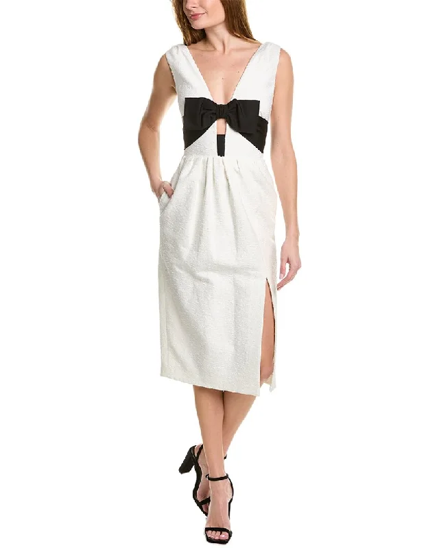 ladies-midi-dress-70s-inspired-Carolina Herrera Bow Linen-Blend Midi Dress