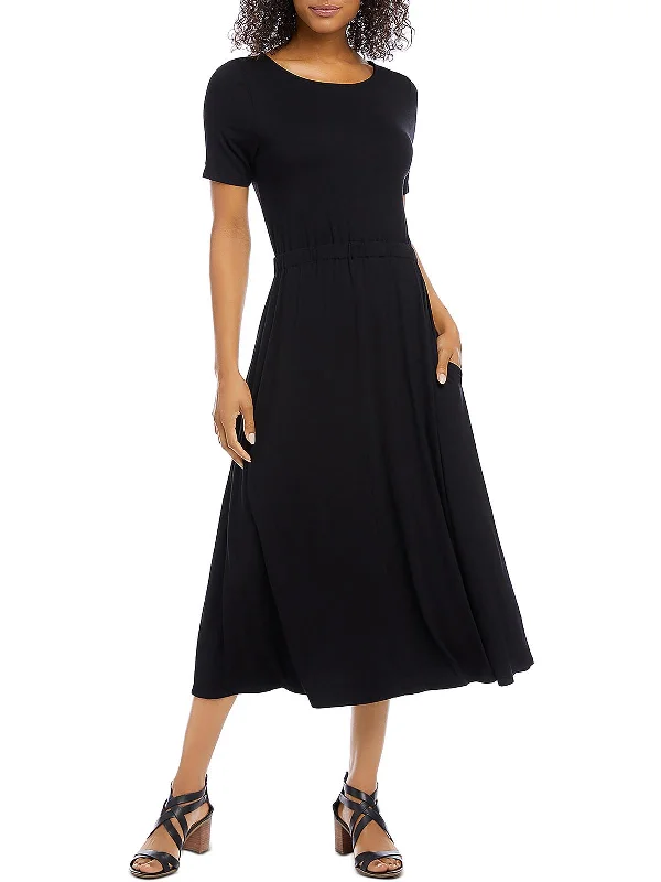 ladies-midi-dress-belted-waist-Artisan Womens Crewneck Short Sleeve Midi Dress