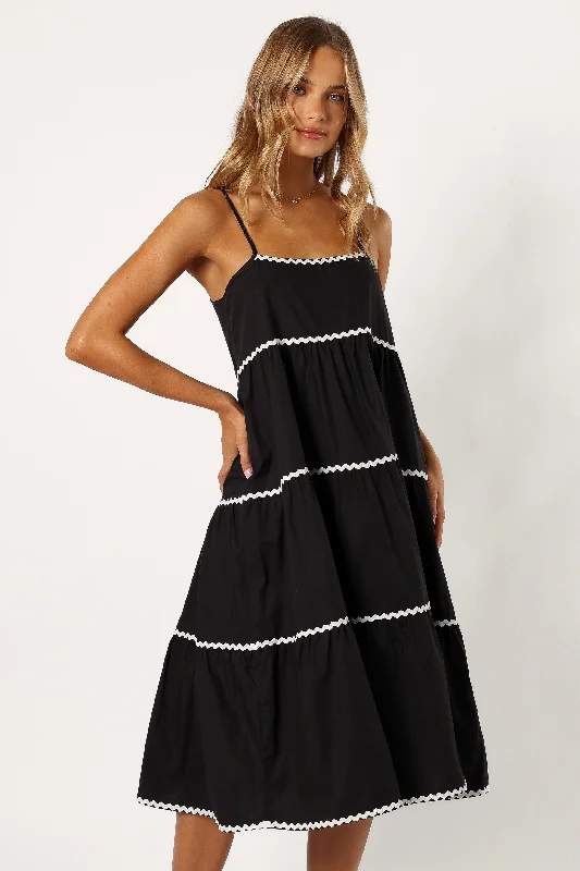 ladies-midi-dress-polka-dot-Loella Tiered Midi Dress - Black