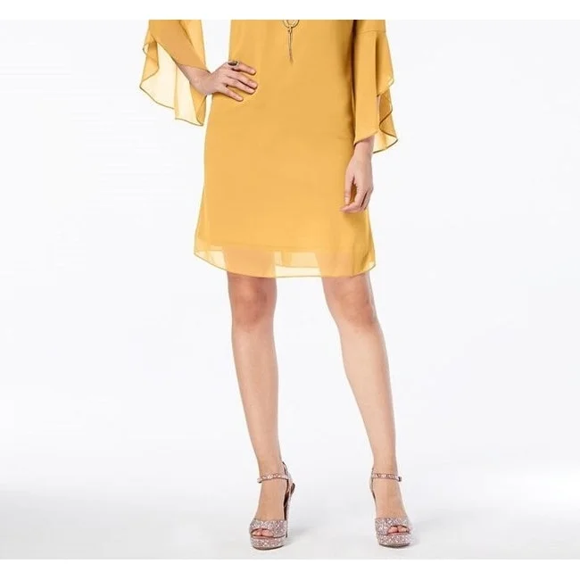 ladies-trumpet-dress-maternity-fit-Thalia Sodi Women's Flared-Sleeve Necklace Dress Dark Yellow Size Medium