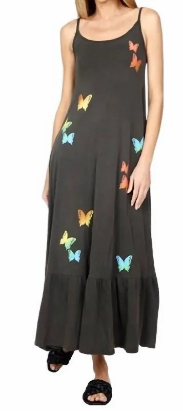 ladies-maxi-dress-zipper-front-Beatrix Maxi Ruffle Rainbow Butterflies Dress in Vintage Black/ Multi