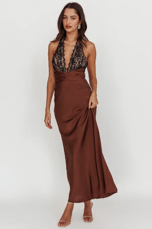 ladies-maxi-dress-relaxed-look-Rarity Satin Lace Halterneck Maxi Dress Coffee