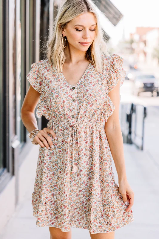 ladies-mini-dress-modern-trend-Feel The Vibes Natural White Ditsy Floral Mini Dress