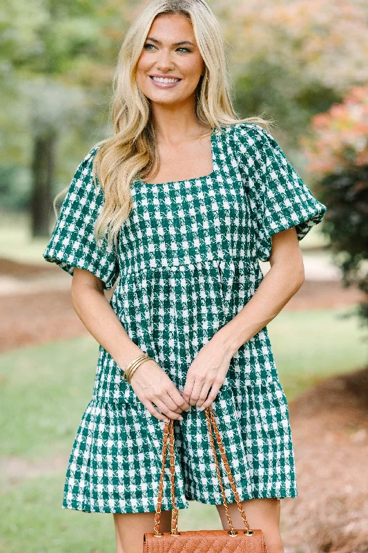 ladies-mini-dress-tiered-skirt-Never Left Behind Hunter Green Houndstooth Mini Dress