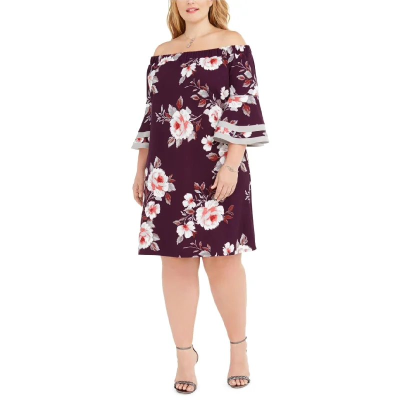 ladies-floral-dress-tulle-accent-Love Squared Womens Floral Off-Shoulder Dress, Purple, 2X