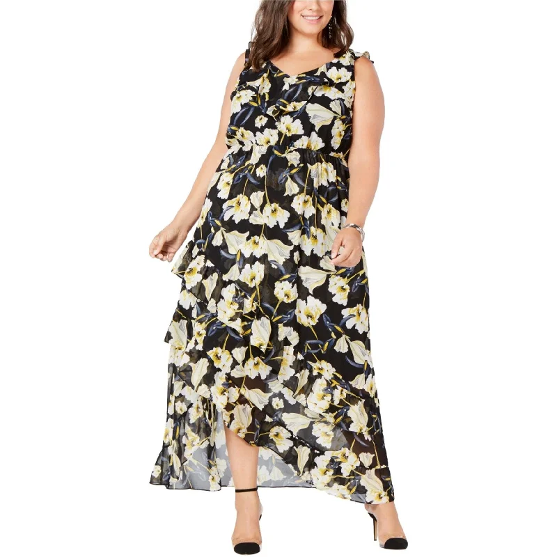 ladies-floral-dress-rose-print-I-N-C Womens Floral High-Low Ruffled Dress, Black, 20W