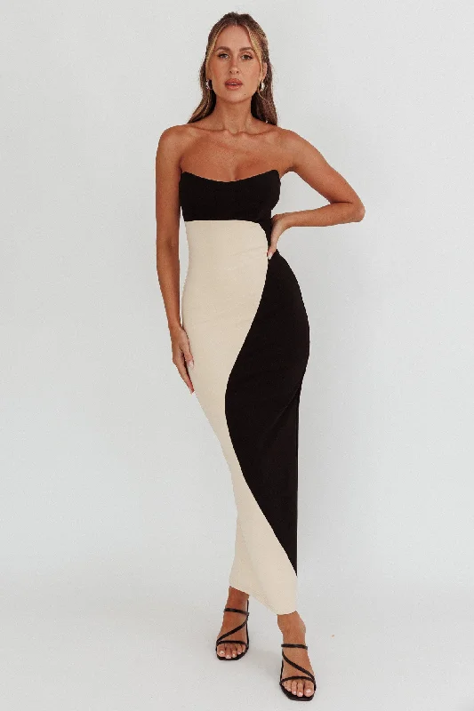 ladies-maxi-dress-versatile-wear-Regent Strapless Maxi Dress Black/Beige