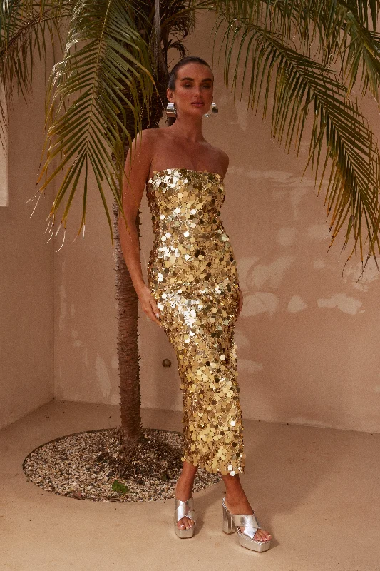 ladies-midi-dress-cinnamon-brown-Gabourne Strapless Midi Dress - Gold Sequin