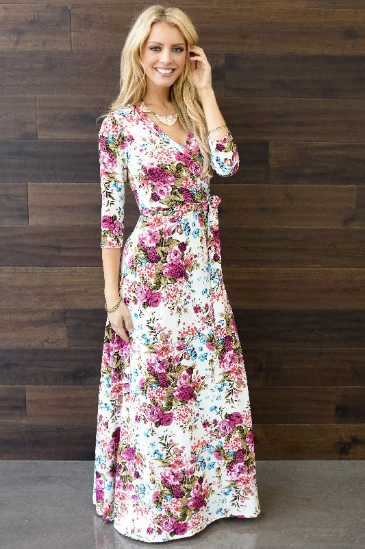 ladies-floral-dress-sapphire-blooms-Ivory Floral Draped 3/4 Sleeve Maxi Dress