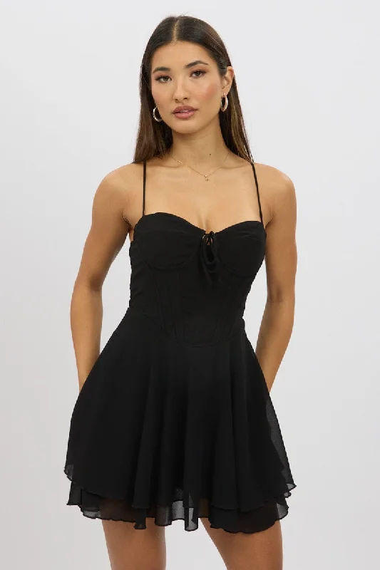 ladies-trumpet-dress-cap-sleeve-Black Fit And Flare Dress Strapless Corset Waist