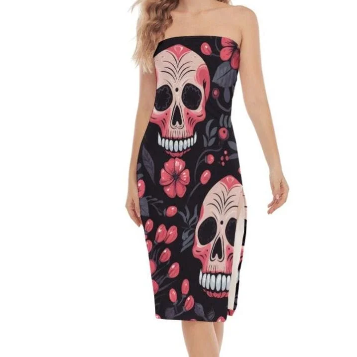 ladies-floral-dress-elastic-hem-Women's Pink Floral Skulls Side Split Tube Top Dress