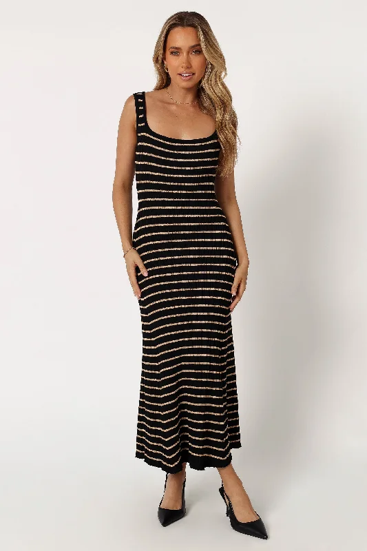 ladies-midi-dress-preppy-style-Henry Striped Midi Dress - Black Beige