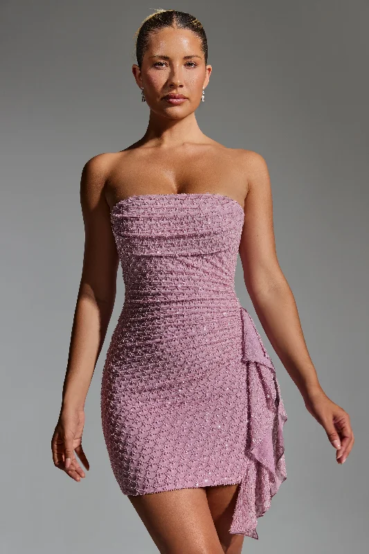 ladies-mini-dress-classic-design-Embellished Ruffled Cowl-Neck Bandeau Mini Dress in Mauve