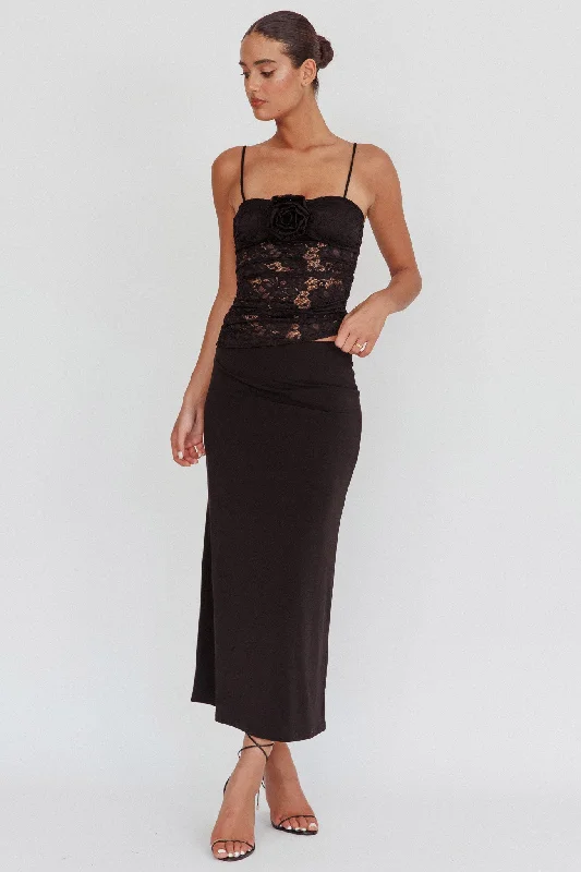 ladies-maxi-dress-salmon-pink-Lorely Lace Rosette Maxi Dress Top Black