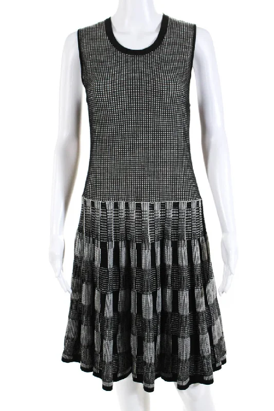 ladies-trumpet-dress-flared-hem-Lela Rose Womens Knit Crewneck Sleeveless Fit & Flare Dress Black White