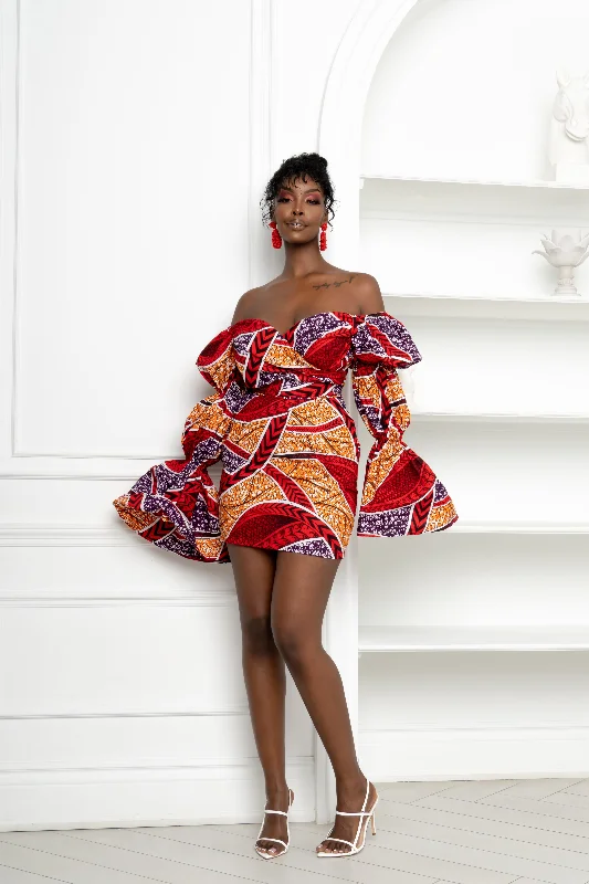 ladies-mini-dress-prom-night-FOLABI African Print Off-shoulder Puffy Sleeve Mini Dress