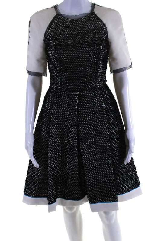 ladies-trumpet-dress-retro-vibe-Jason Wu Womens Silk Textured Short Sleeve Fit & Flare Dress White Black