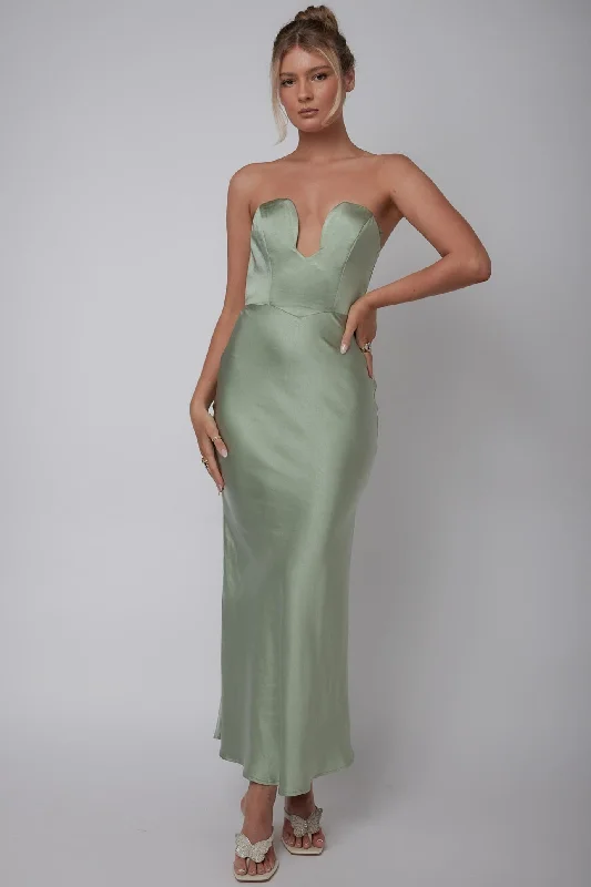 ladies-maxi-dress-tie-front-Encore Strapless Satin Maxi Dress Olive