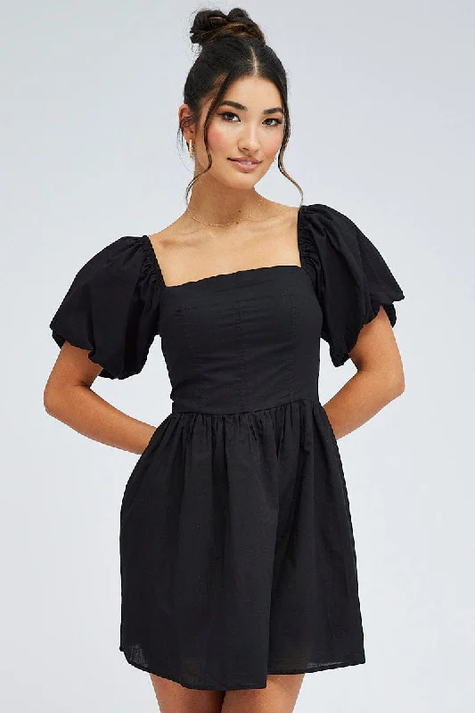 ladies-trumpet-dress-glitter-accent-Black Fit and Flare Dress Short Sleeve