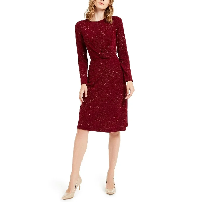 ladies-trumpet-dress-sheer-sleeve-Alfani Women's Petite Twist-Front Fit & Flare Dress Wine Size Medium