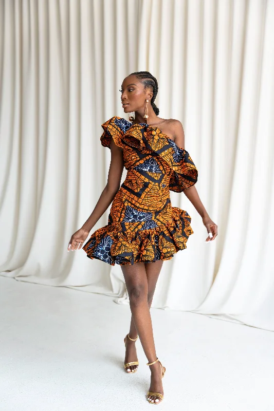 ladies-mini-dress-rose-gold-ZEZE African Print One Sleeve Ruffle  Mini Dress