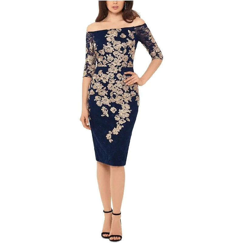 ladies-floral-dress-bodycon-fit-XSCAPE Womens Metallic Floral Lace Sheath Dress, Blue, 4