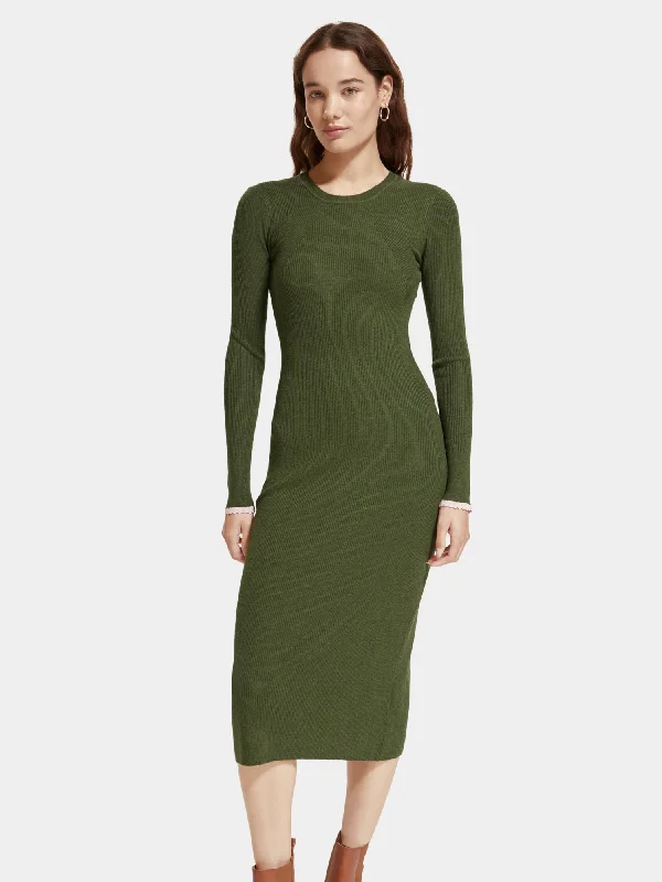 ladies-midi-dress-dainty-detail-Long sleeved rib knitted midi dress