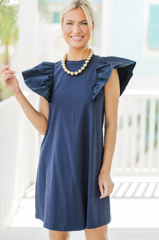 ladies-mini-dress-short-sleeve-Get Ready Navy Blue Ruffled Mini Dress