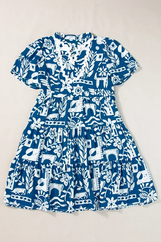 ladies-mini-dress-asymmetrical-Printed Notched Short Sleeve Mini Dress