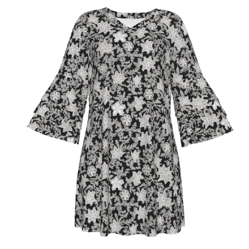 ladies-floral-dress-comfortable-fit-Women's Gothic Floral Black Stacked Ruffle Sleeve Dress