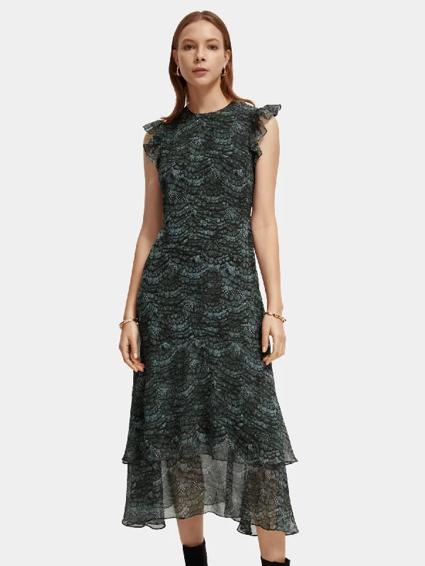 ladies-midi-dress-charcoal-gray-Ruffled tiered midi dress