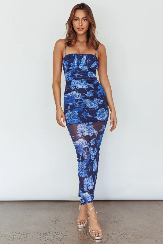 ladies-maxi-dress-periwinkle-Zosia Ruched Maxi Dress Floral Navy